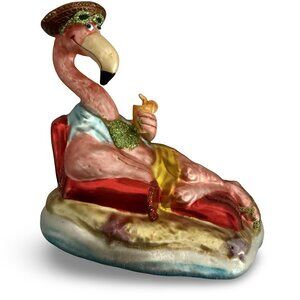 Flamingo Beach Raft Lounger Christmas Ornament Retro Hand Painted Tropical Pink